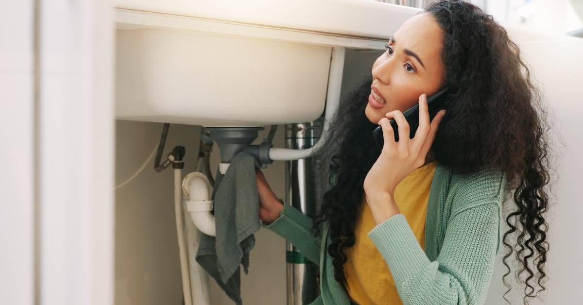 A woman with dark, curly hair holds a towel up to the pipes underneath a sink as she talks on a smartphone in the other hand.