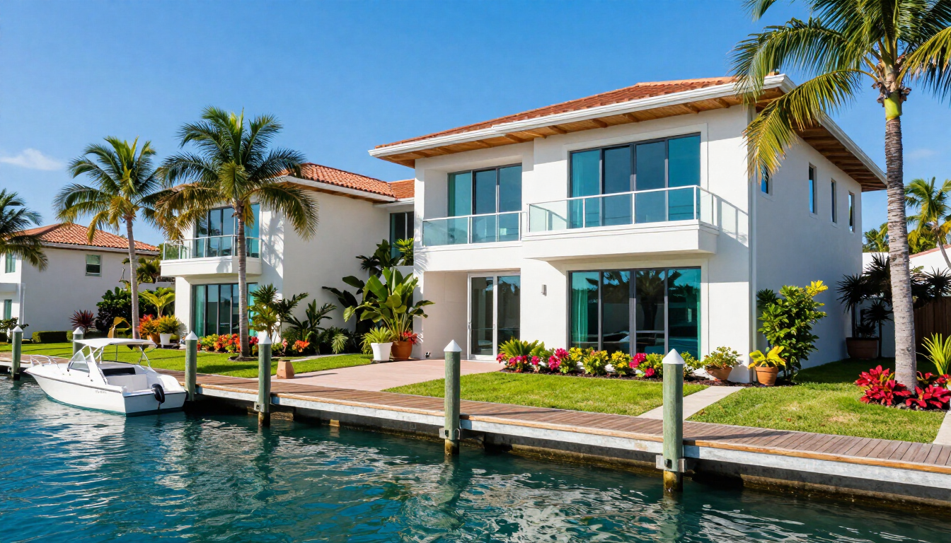 Photorealistic South Florida waterfront residence with private dock and tropical landscaping