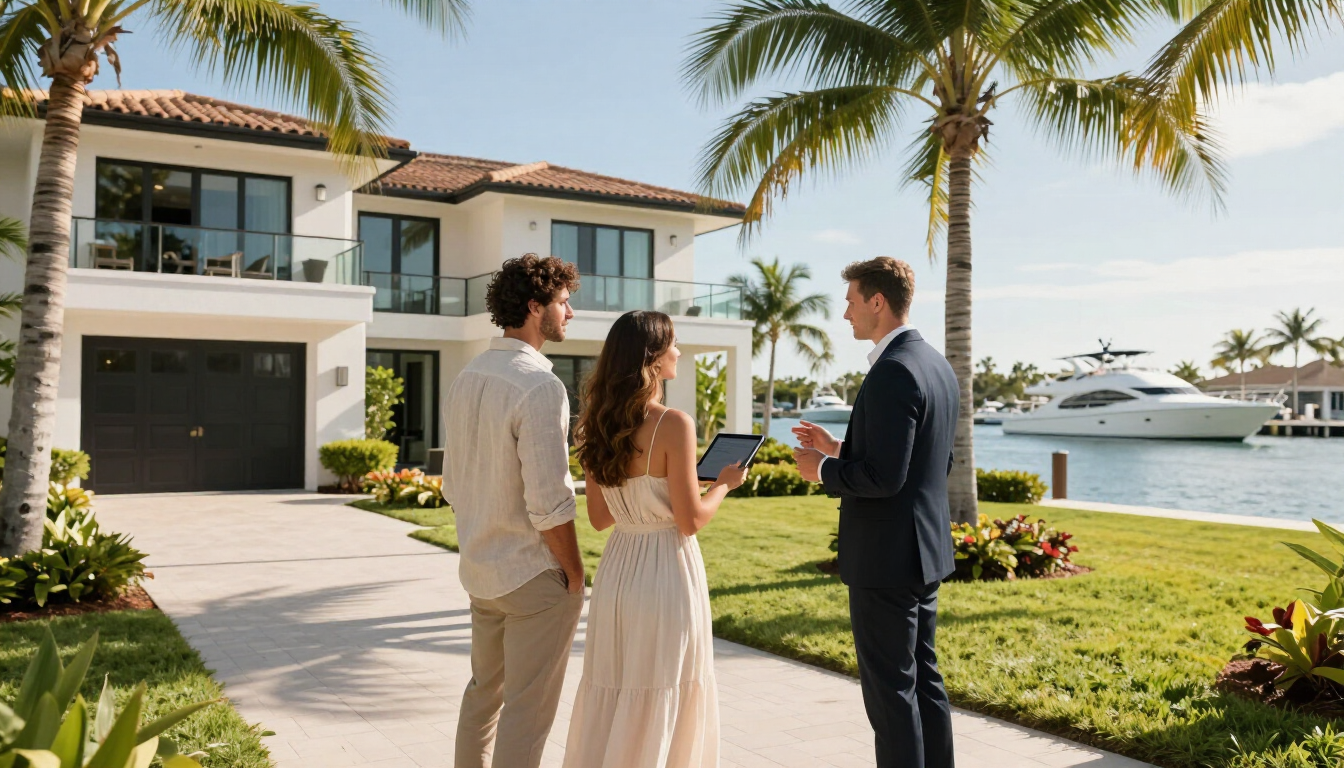 Photorealistic couple viewing a South Florida waterfront property with a Realtor, marina and palm trees in the background