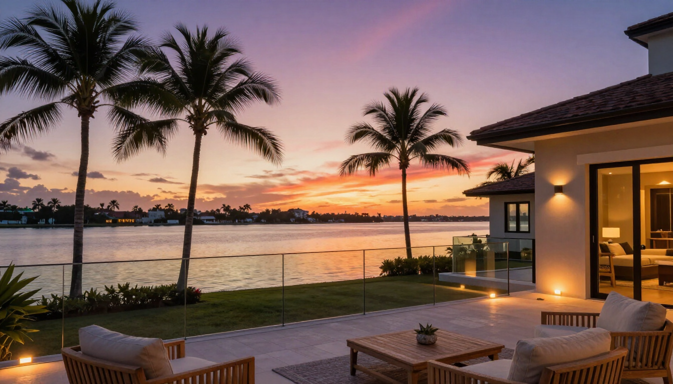 Photorealistic waterfront sunset in South Florida viewed from a modern home terrace, calm bay, palm silhouettes and warm architectural lighting