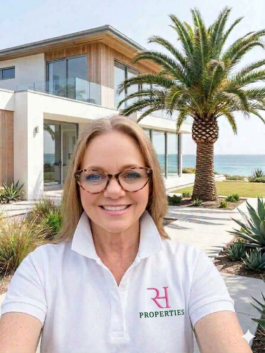 Smiling woman in glasses outside a modern seaside house with a palm tree and ocean view