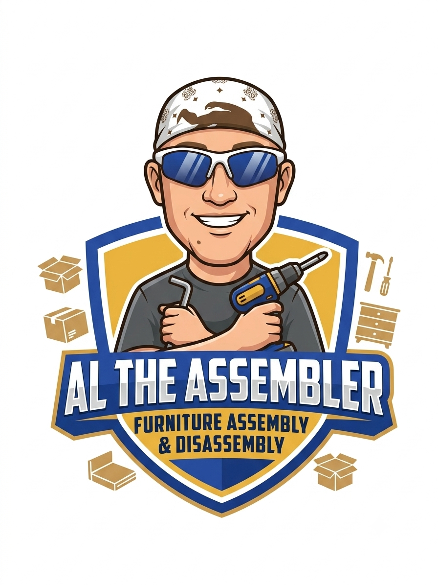 Cartoon mechanic with sunglasses and cap, holding tools over shield logo reading “Al the Assembler”
