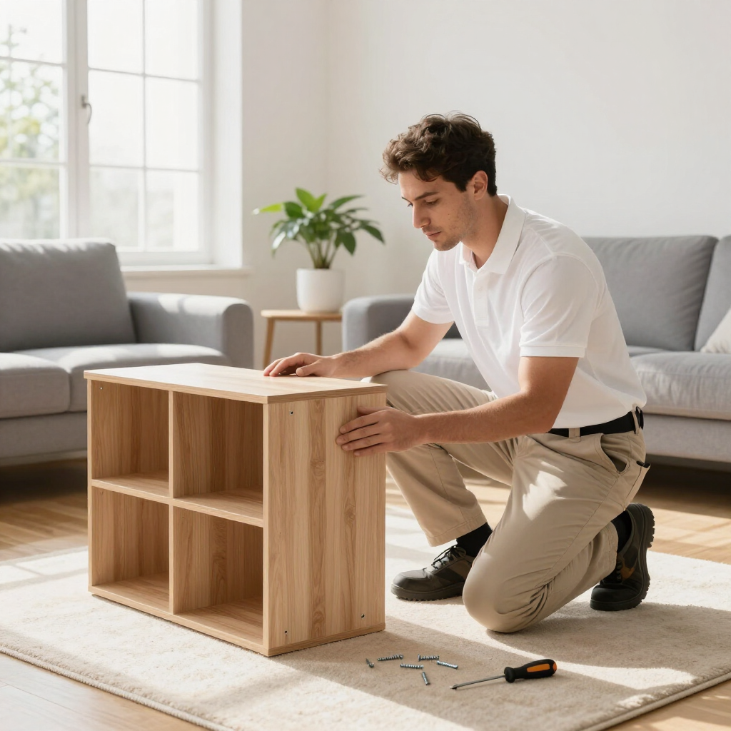 Person kneeling beside a wooden shelf in a bright living room, measuring or assembling it