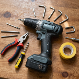 Cordless drill with pliers, screwdriver bits, hex keys, and tape on a wooden surface