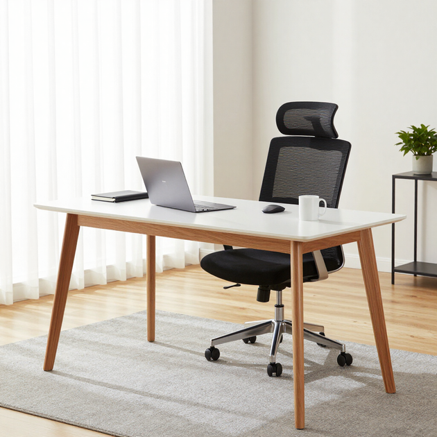 Modern home office with wooden desk, laptop, mesh chair, and bright window curtains