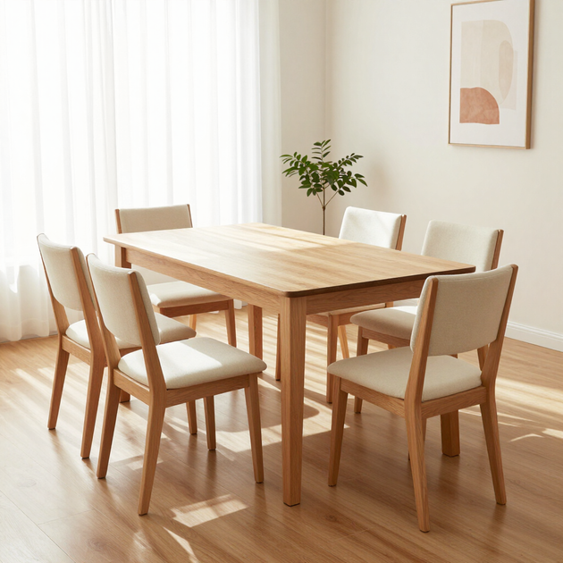 Bright dining room with a wooden table, six chairs, and sunlight through sheer curtains