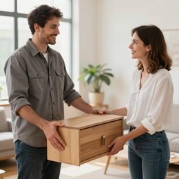 Two people smiling while holding a wooden drawer box in a bright room