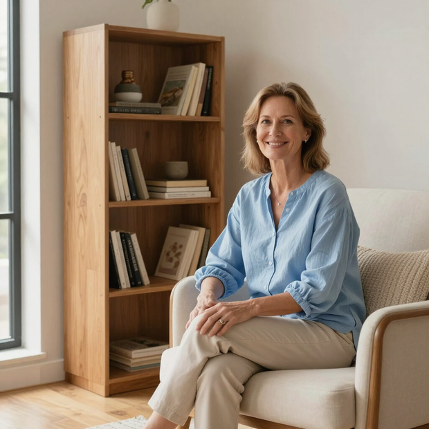 Woman sitting on a beige chair in a bright living room beside a wooden bookshelf
