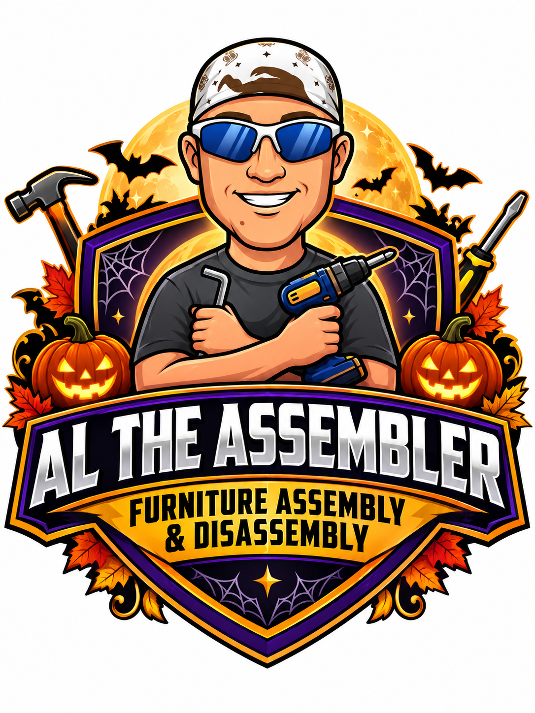 Cartoon mechanic with sunglasses and cap, holding tools over shield logo reading “Al the Assembler”