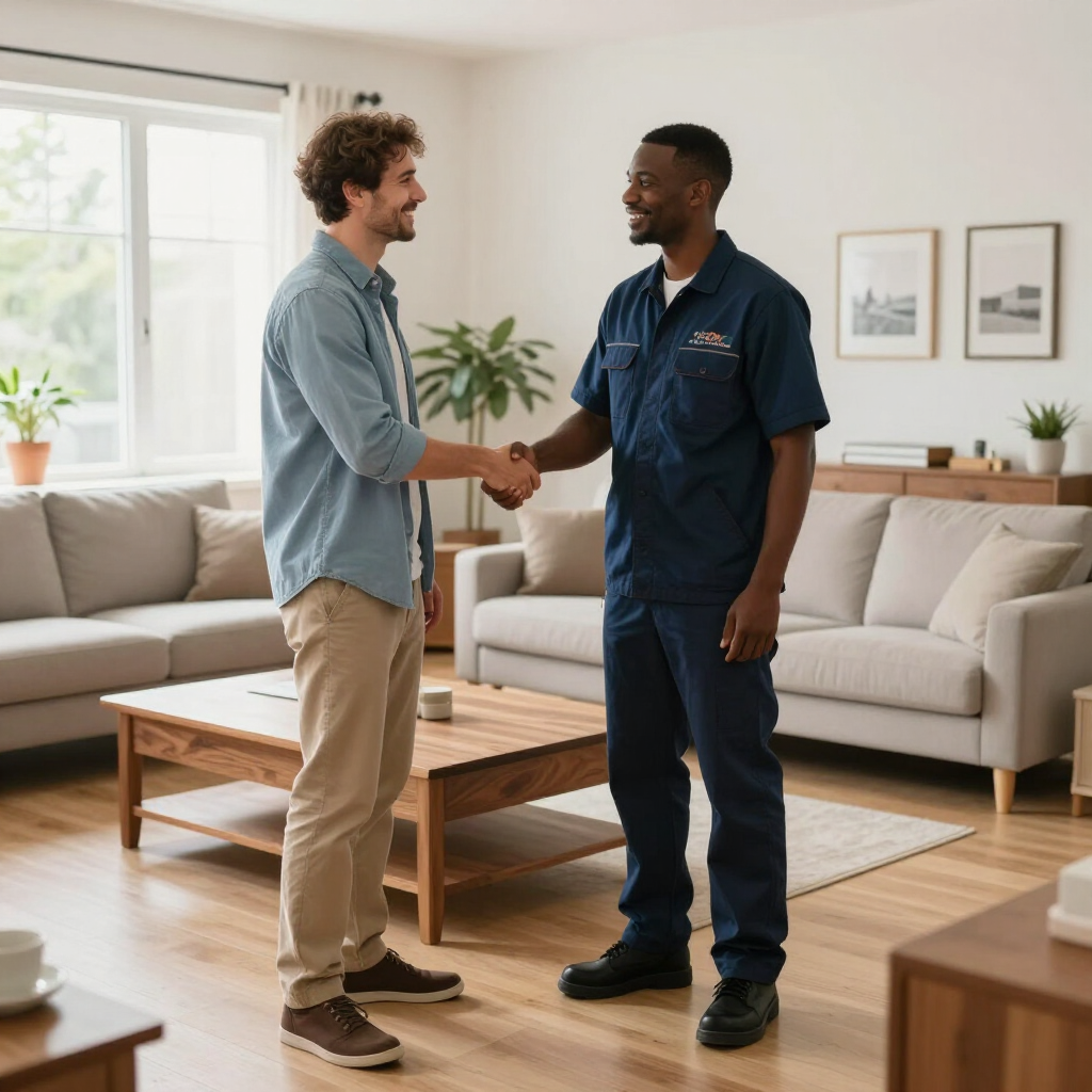 Two men shaking hands in a bright living room, one in casual clothes and one in a navy work uniform.