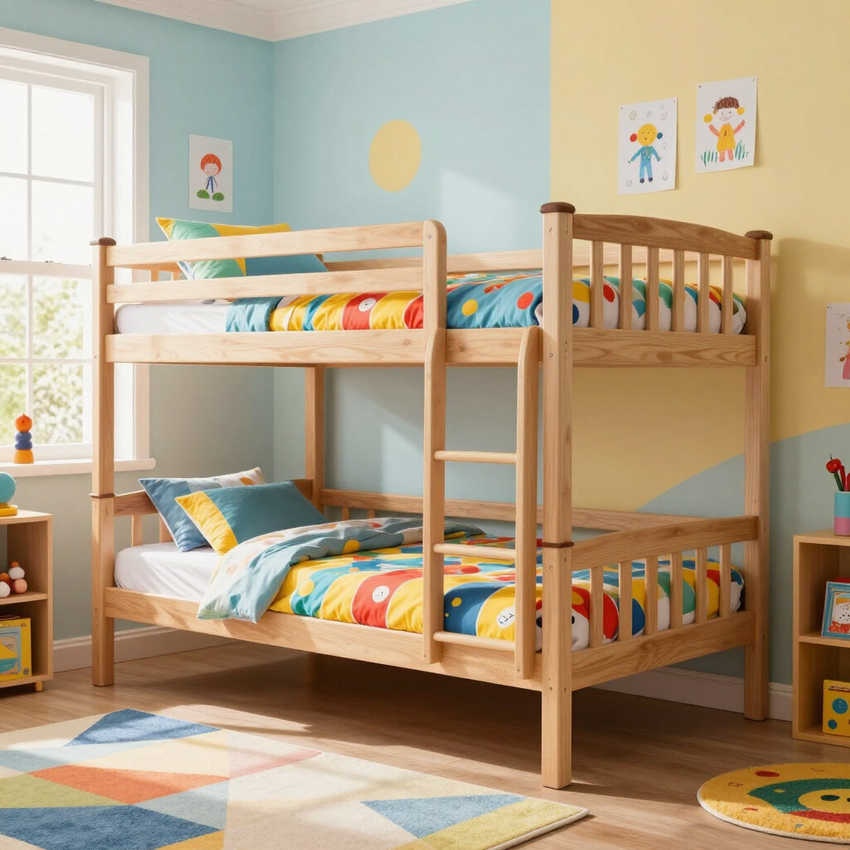 Wooden bunk bed with colorful bedding in a bright pastel children's bedroom