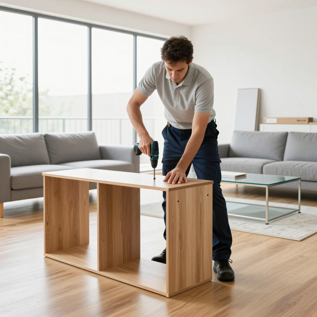 Person assembling a wooden table with a drill in a bright living room