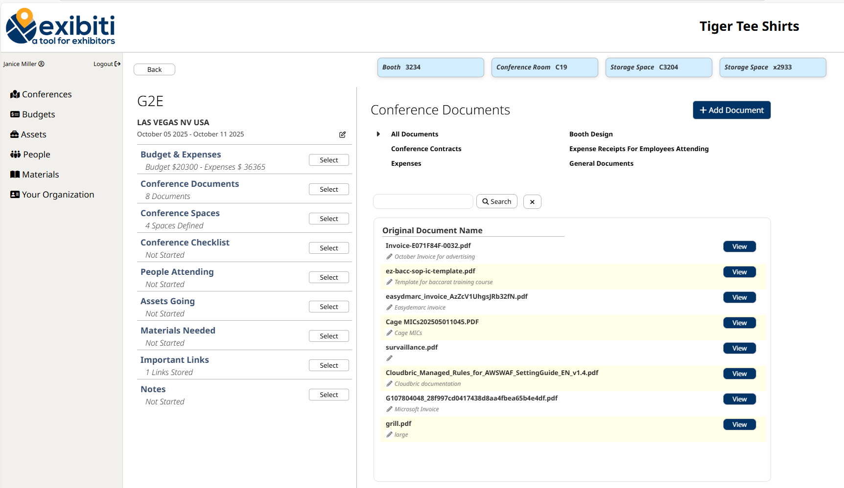 Exhibitor website dashboard showing a list of exhibitors, with search and filtering options.