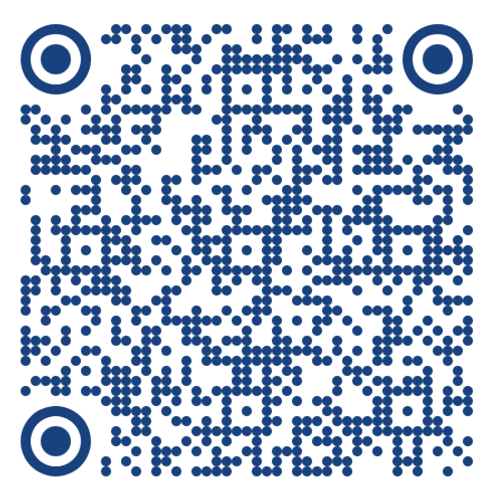 Blue QR code on a white background with rounded corner markers