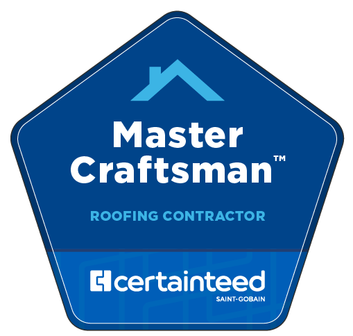 Blue pentagon badge for Master Craftsman roofing contractor, with CertainTeed logo at the bottom.