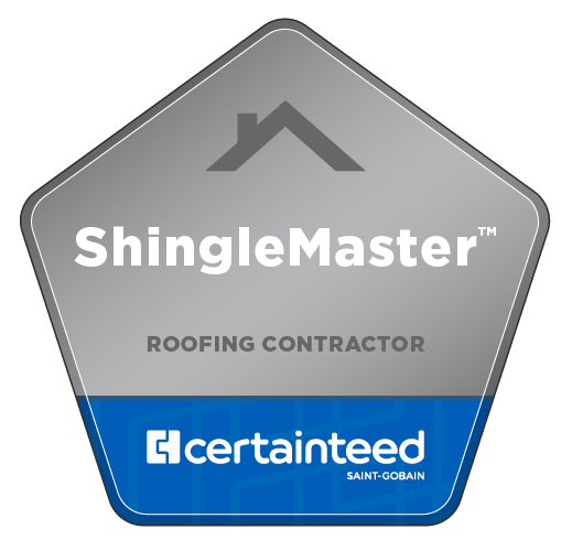 ShingleMaster roofing contractor badge with gray pentagon, blue bottom band, and CertainTeed logo