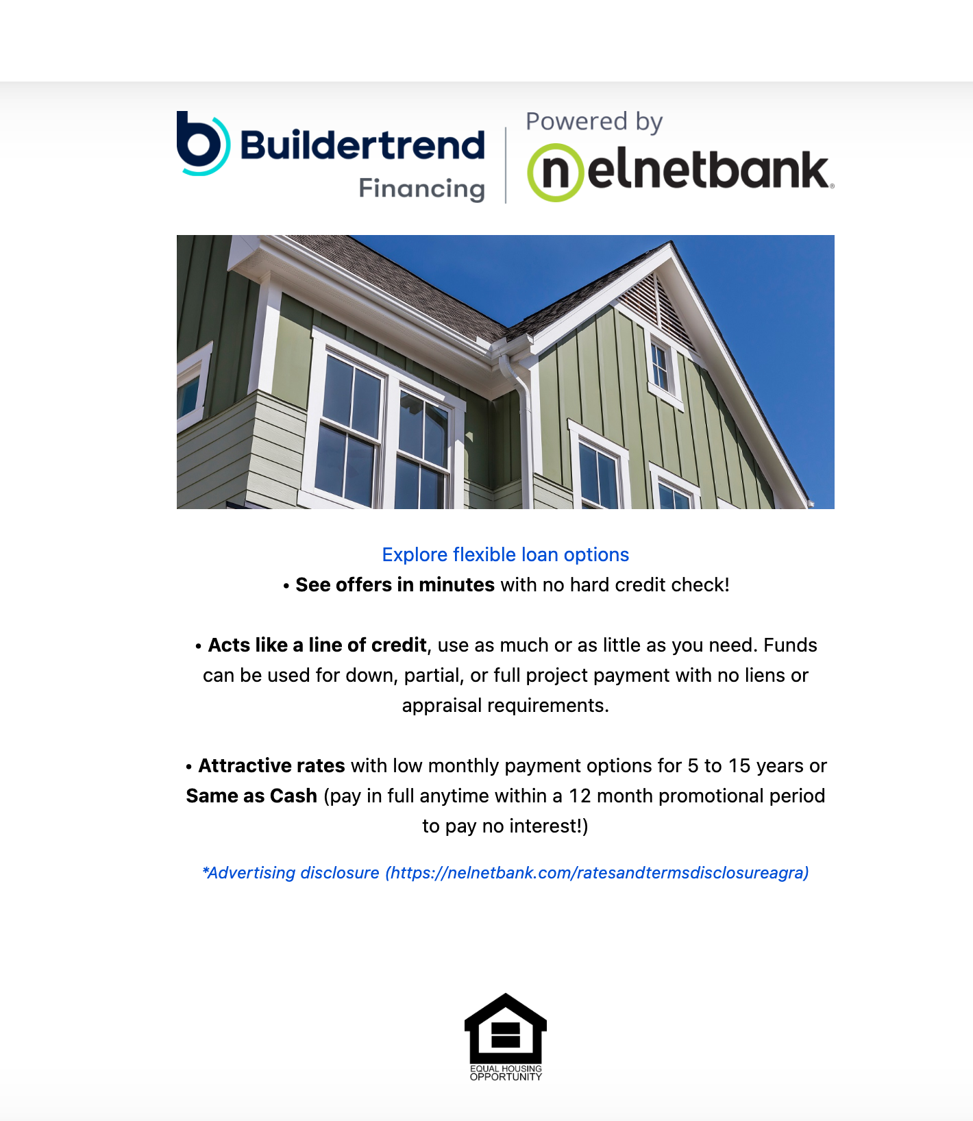 Buildertrend Financing and nCnetbank ad for home improvement loans, with house photo and FHA logo