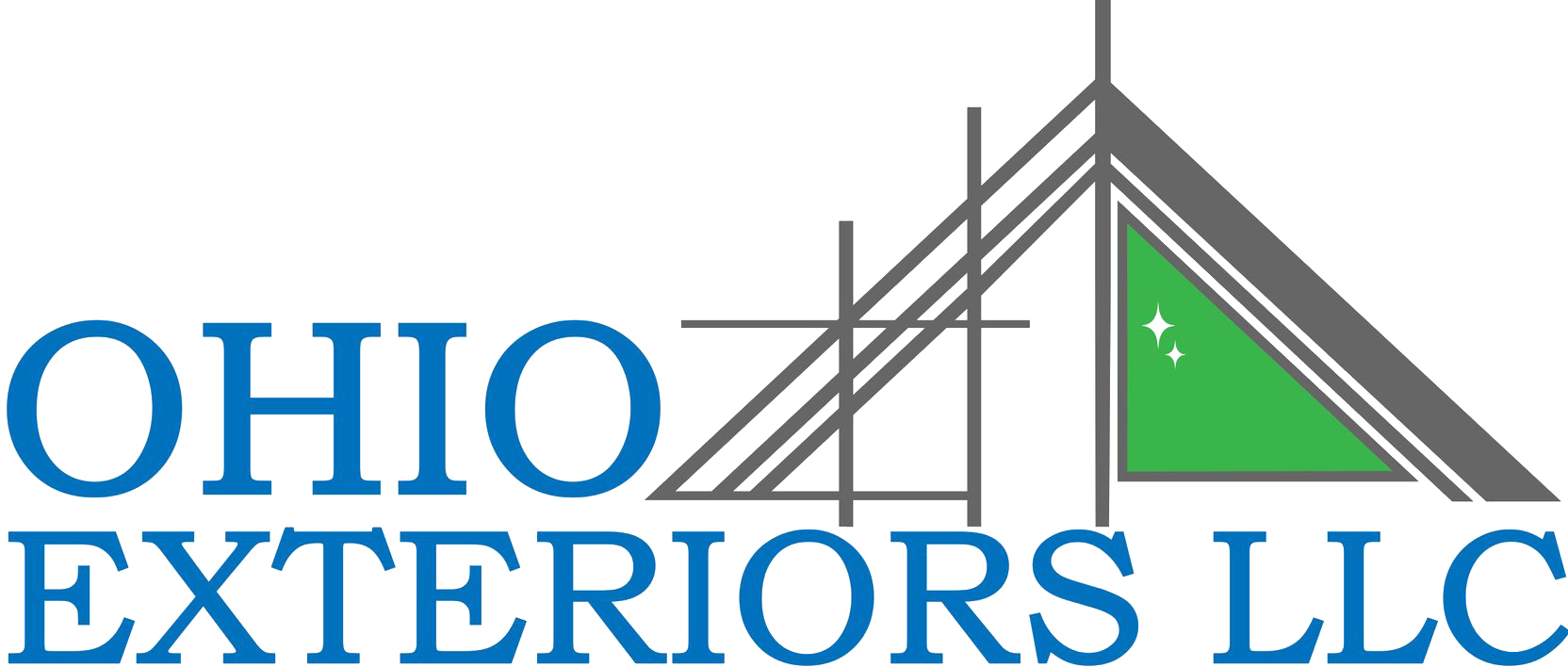 Ohio Exteriors LLC logo in blue and gray with a green roof icon