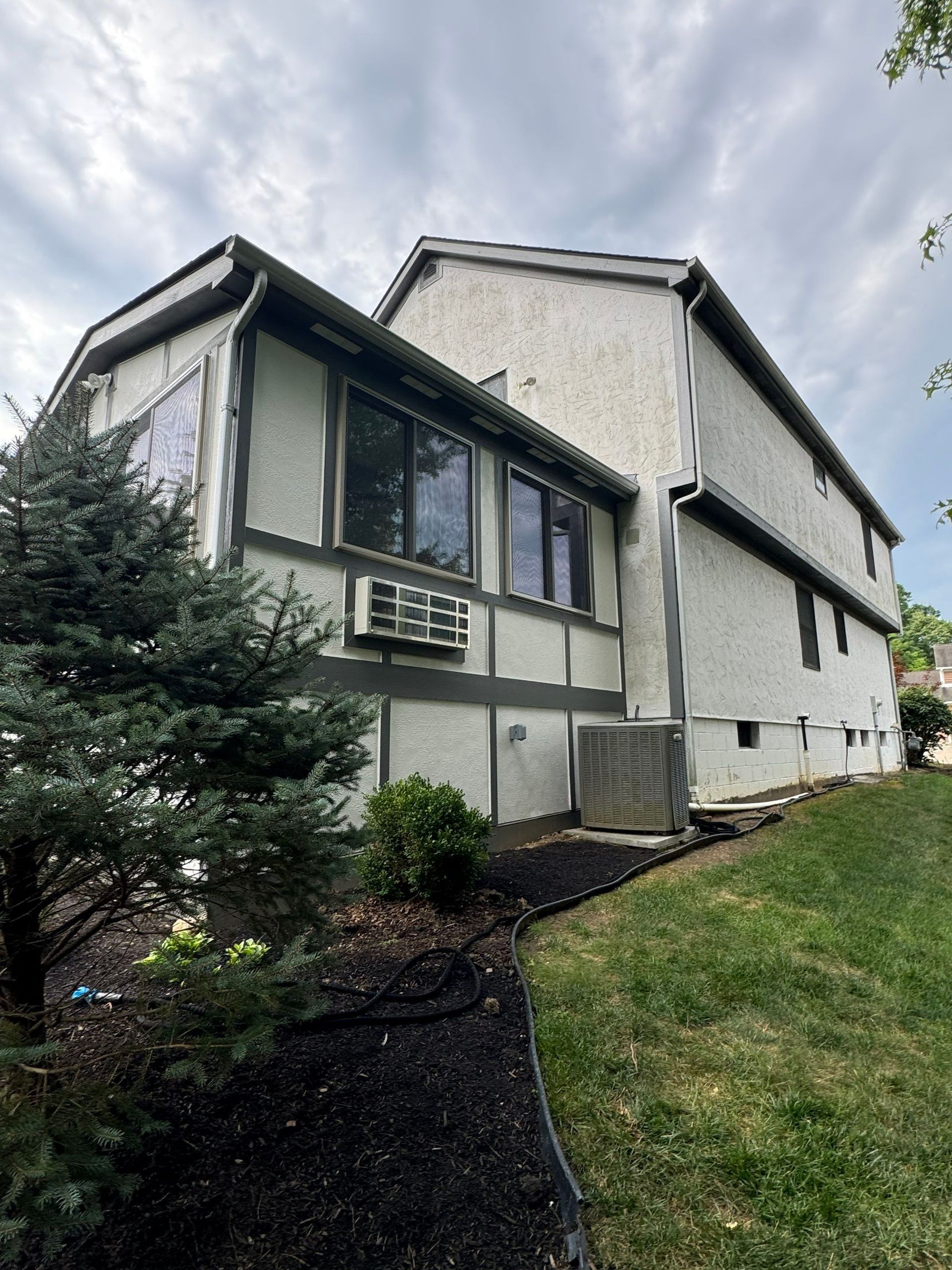 Two-story house with white siding, dark trim, and a small evergreen tree in the front yard