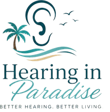 Logo for Hearing in Paradise with teal ear, palm tree, birds, and tagline “Better hearing. Better living.”