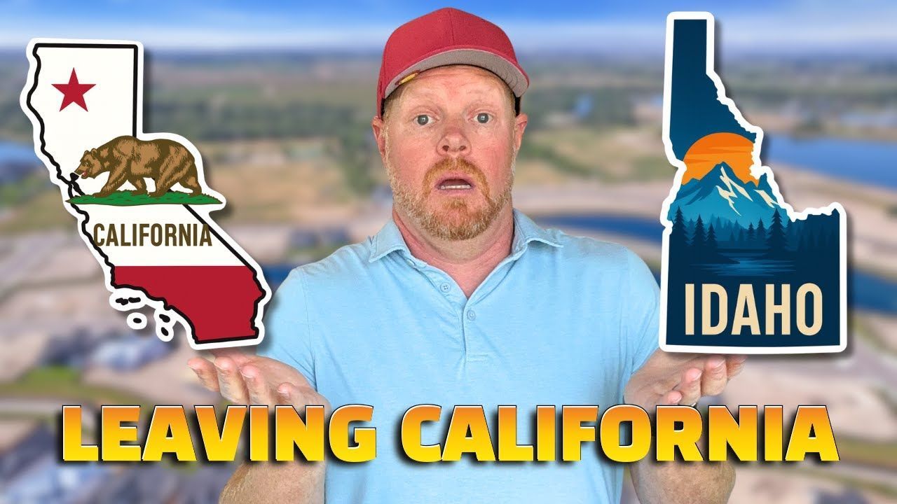 Man standing between California and Idaho graphics with text leaving California