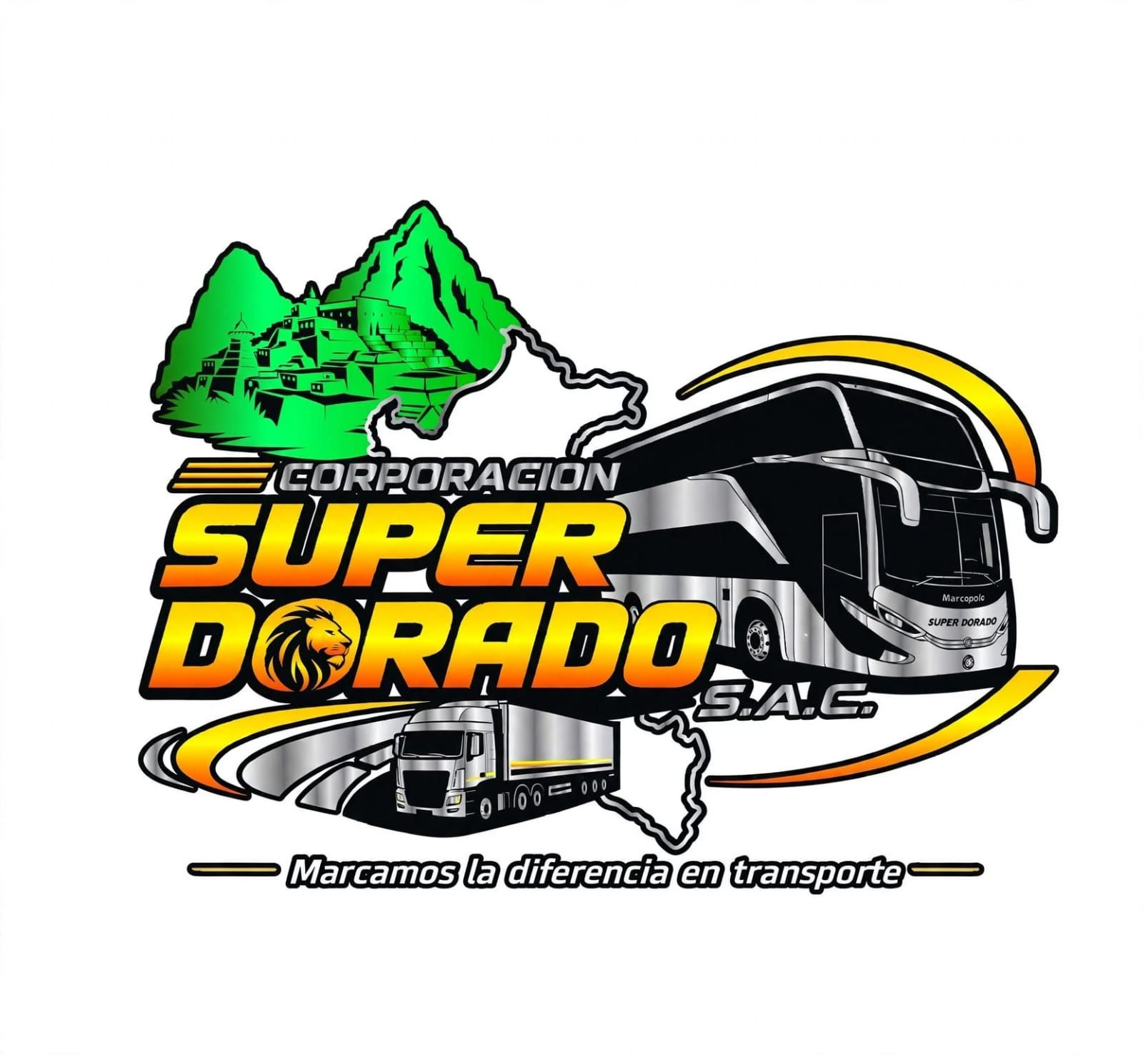 Logotipo circular dorado y negro de Corporación Super Dorado SAC con dos camiones y las iniciales “CSD”.