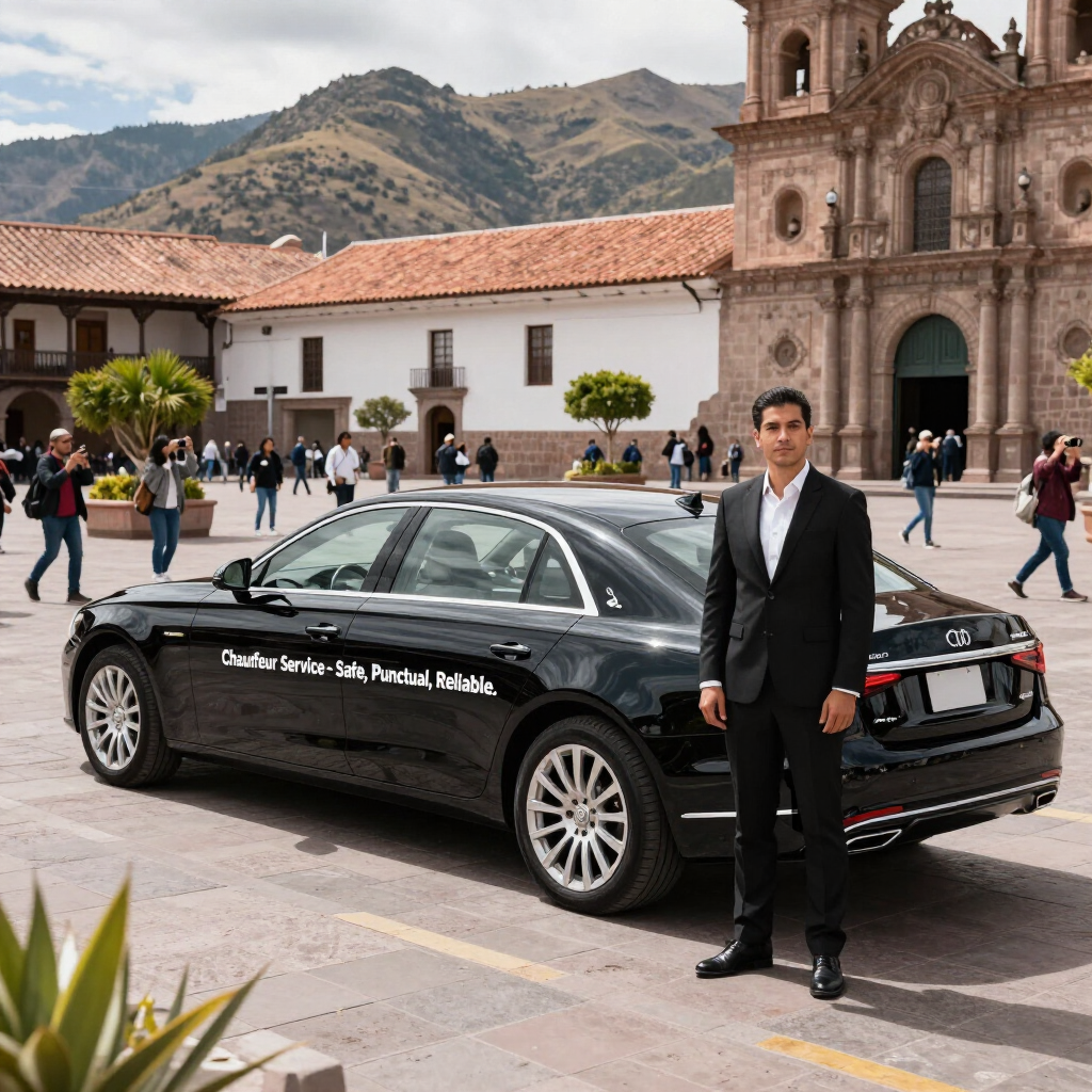 Un hombre de traje está de pie junto a un sedán negro en una plaza histórica con montañas y una iglesia al fondo.