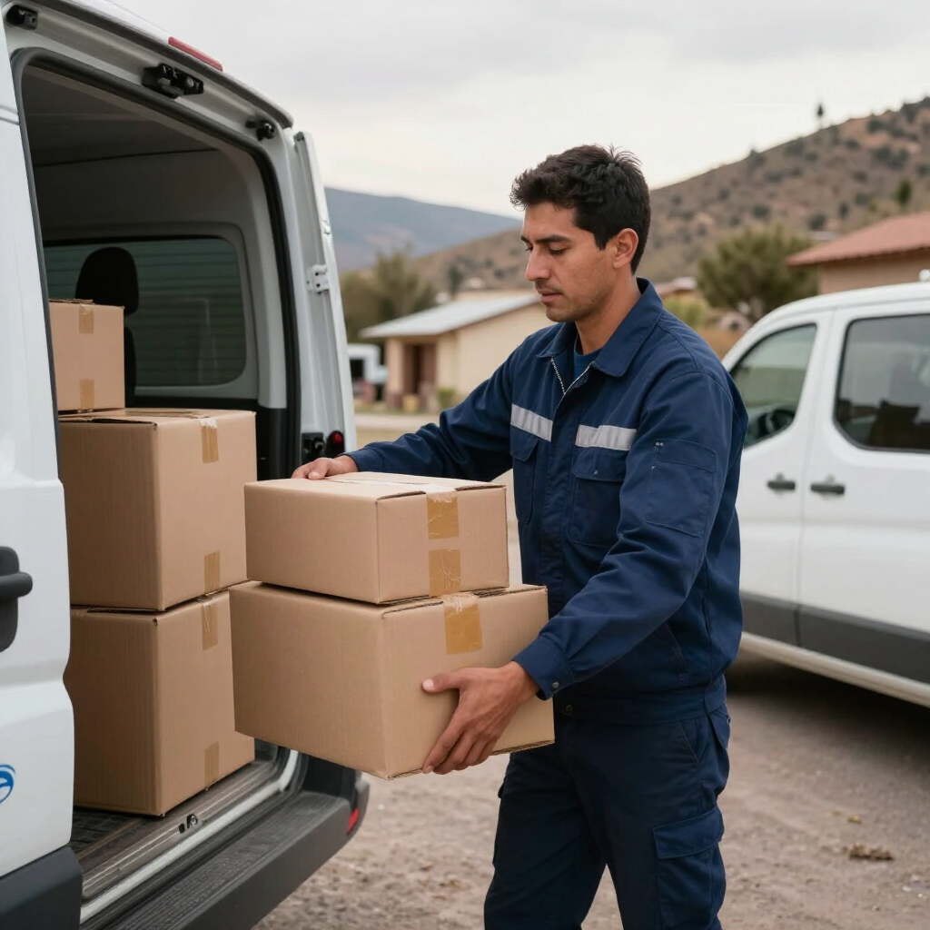 Repartidor cargando cajas de cartón en una furgoneta blanca al aire libre.