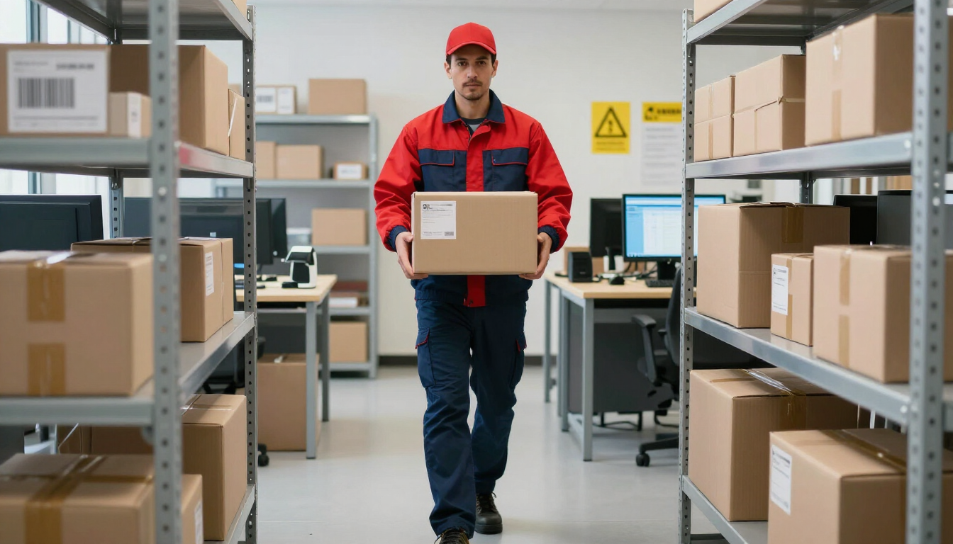 Un trabajador de almacén transporta una caja entre estantes llenos en un almacén.