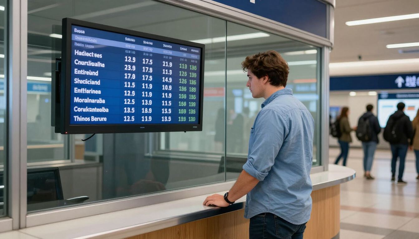 Un hombre en un mostrador del aeropuerto leyendo un panel azul con la información de salidas de vuelos detrás de un cristal.