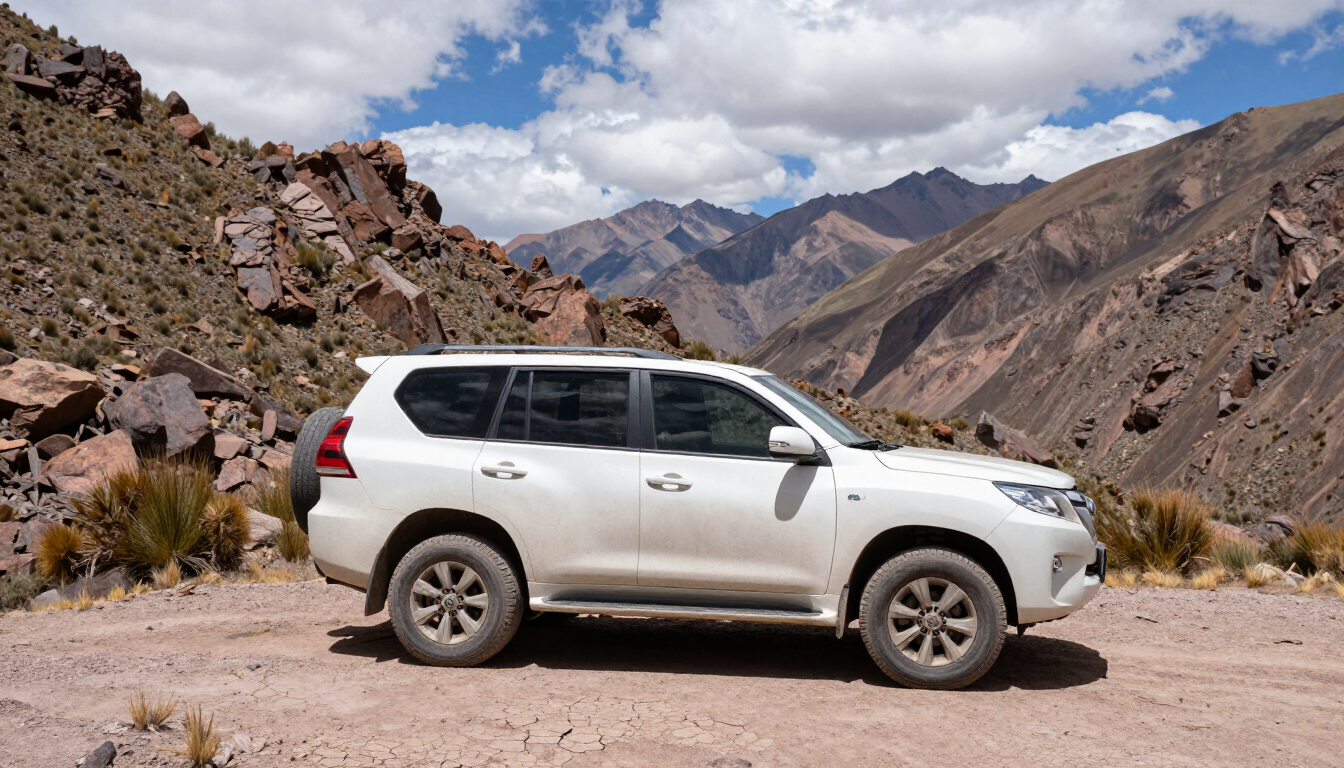 Un SUV blanco estacionado en un camino de tierra en un paisaje montañoso rocoso bajo un cielo parcialmente nublado.