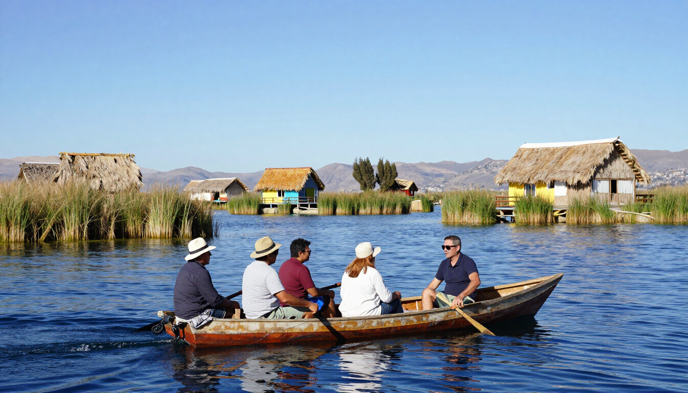 Cinco personas en una barca de madera en un río azul, pasando junto a chozas de caña y un pueblo sobre pilotes.