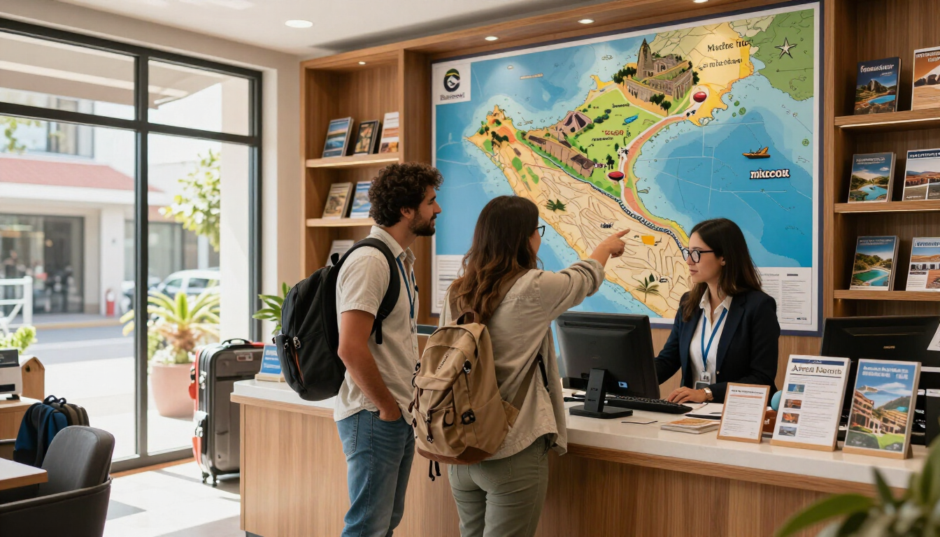 Oficina de viajes con dos clientes en un mostrador de recepción junto a un gran mapa en la pared.