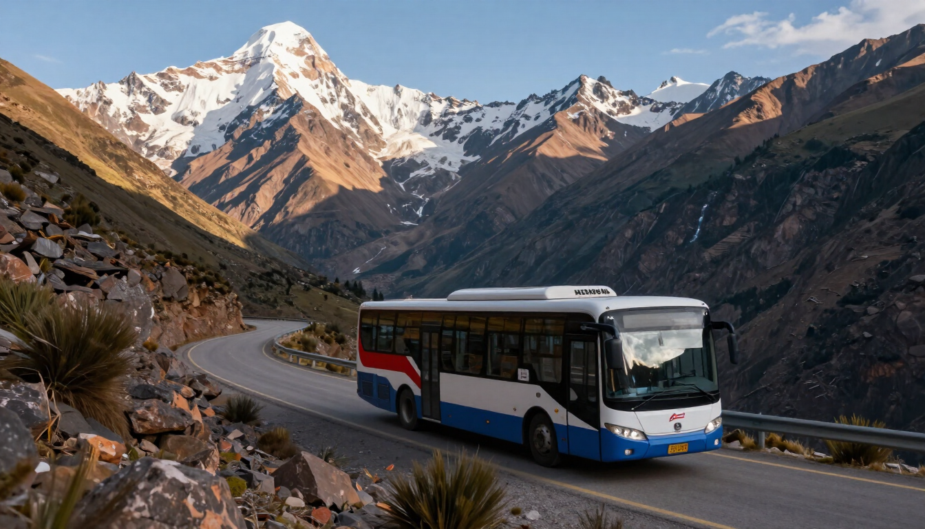 Un autobús blanco y azul circula por una sinuosa carretera de montaña con picos nevados al fondo.