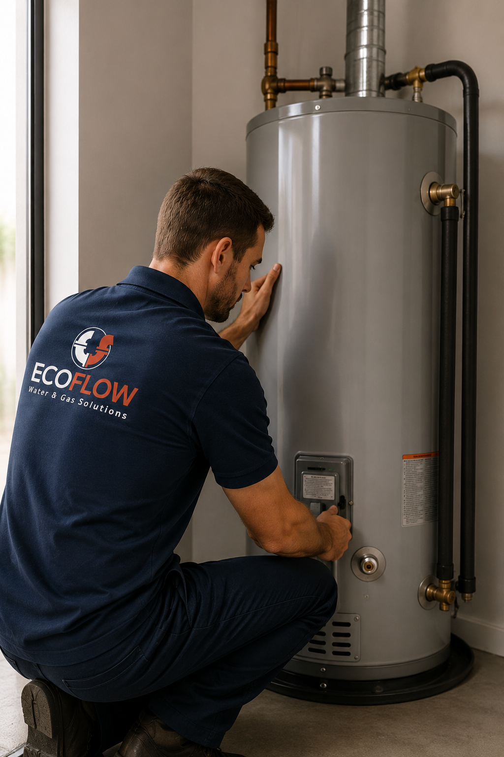 Technician inspecting a gray water heater in a utility room