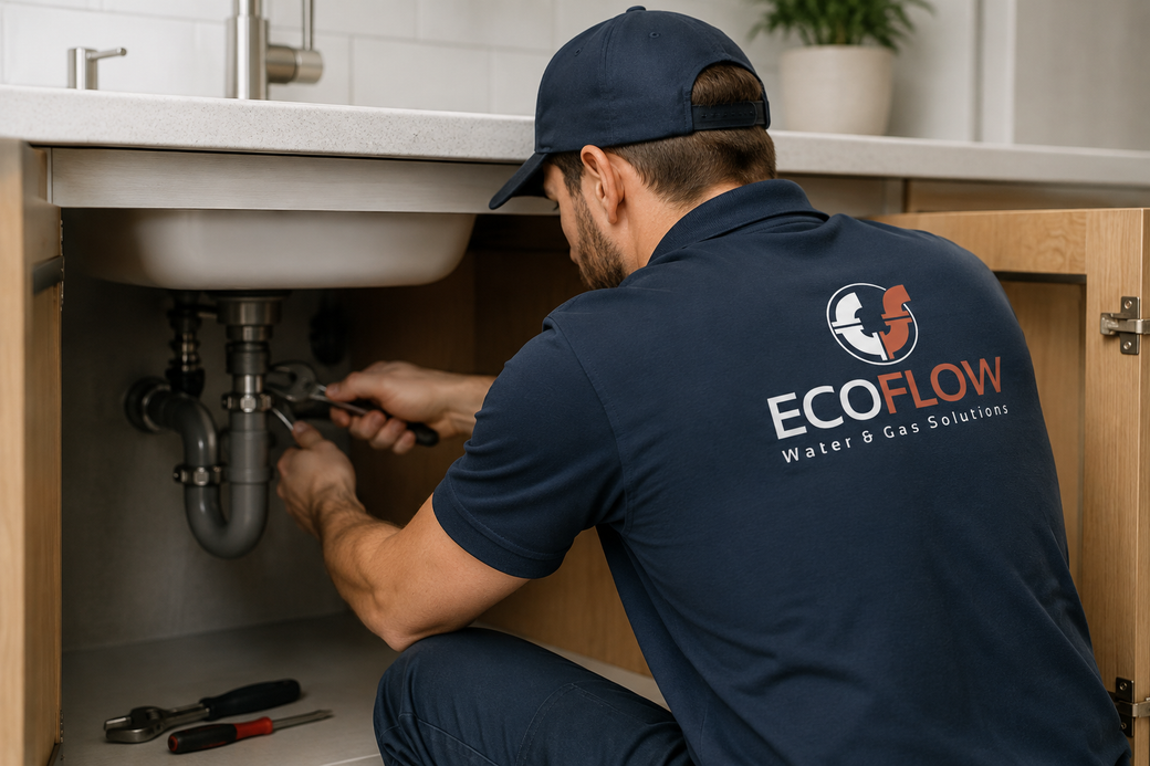 Technician in navy EcoFlow shirt fixing pipes under a kitchen sink