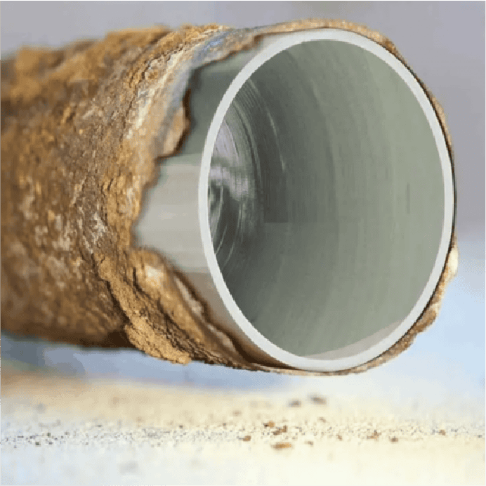 Corroded metal pipe with a clean, open end showing the interior surface.