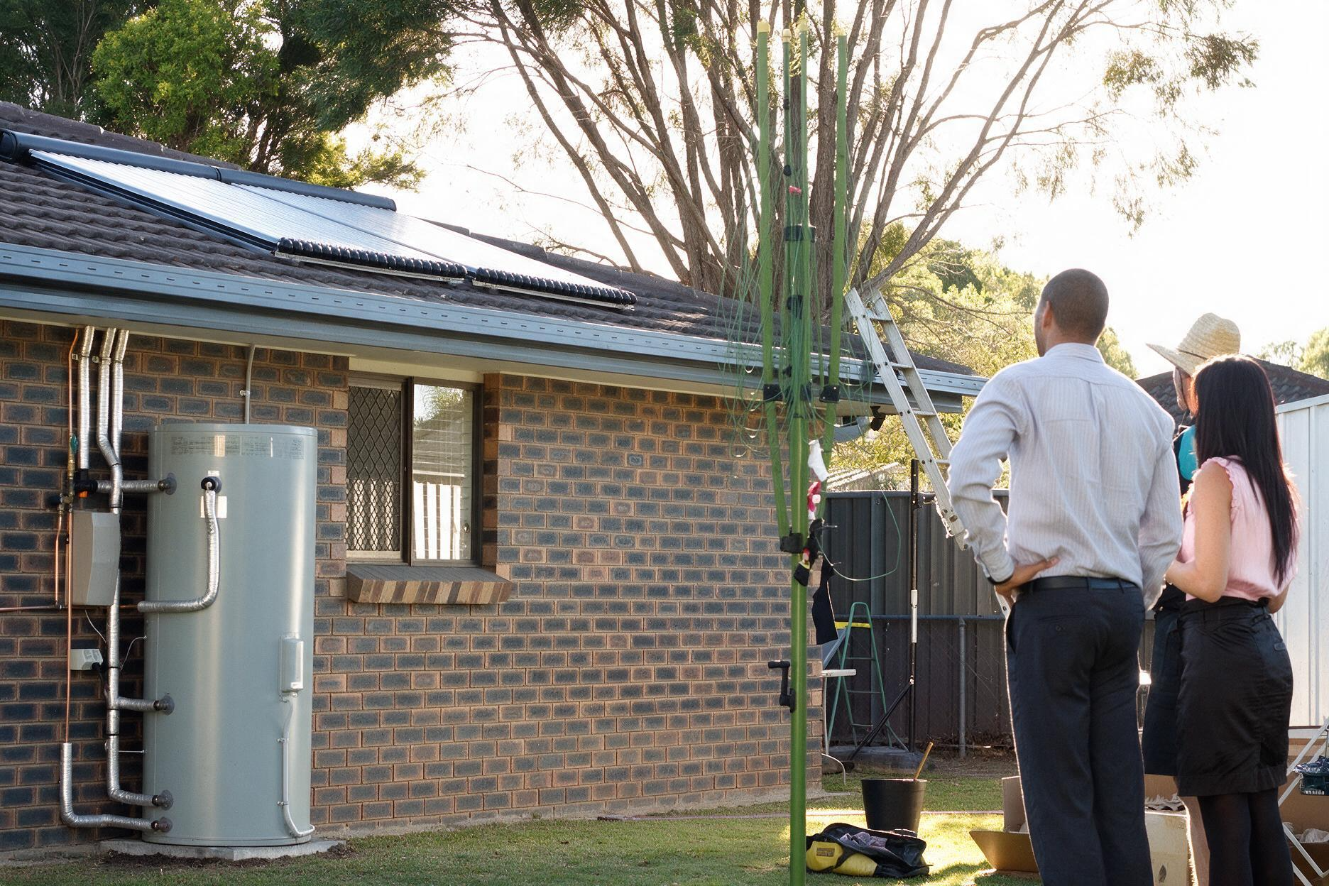 Two people standing in a yard beside a brick house and young tree, looking toward a fenced area.