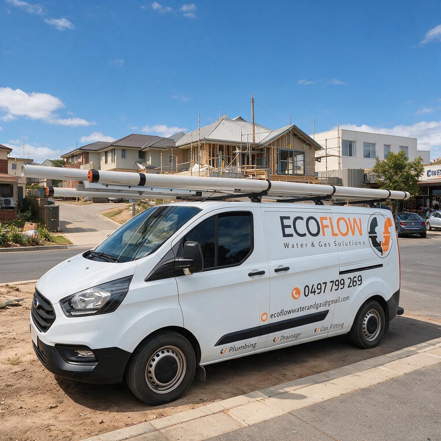 White EcoFlow service van parked on a suburban street with a ladder on top.