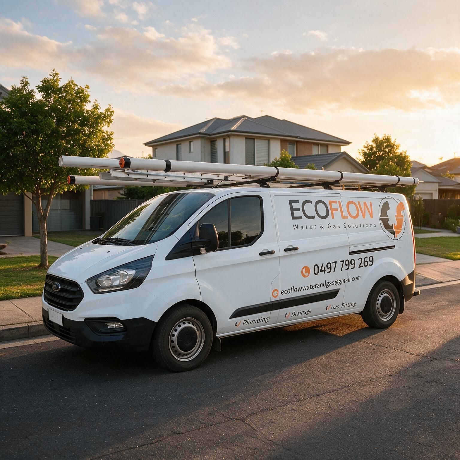 White EcoFlow service van parked on a residential street at sunset with a ladder on top