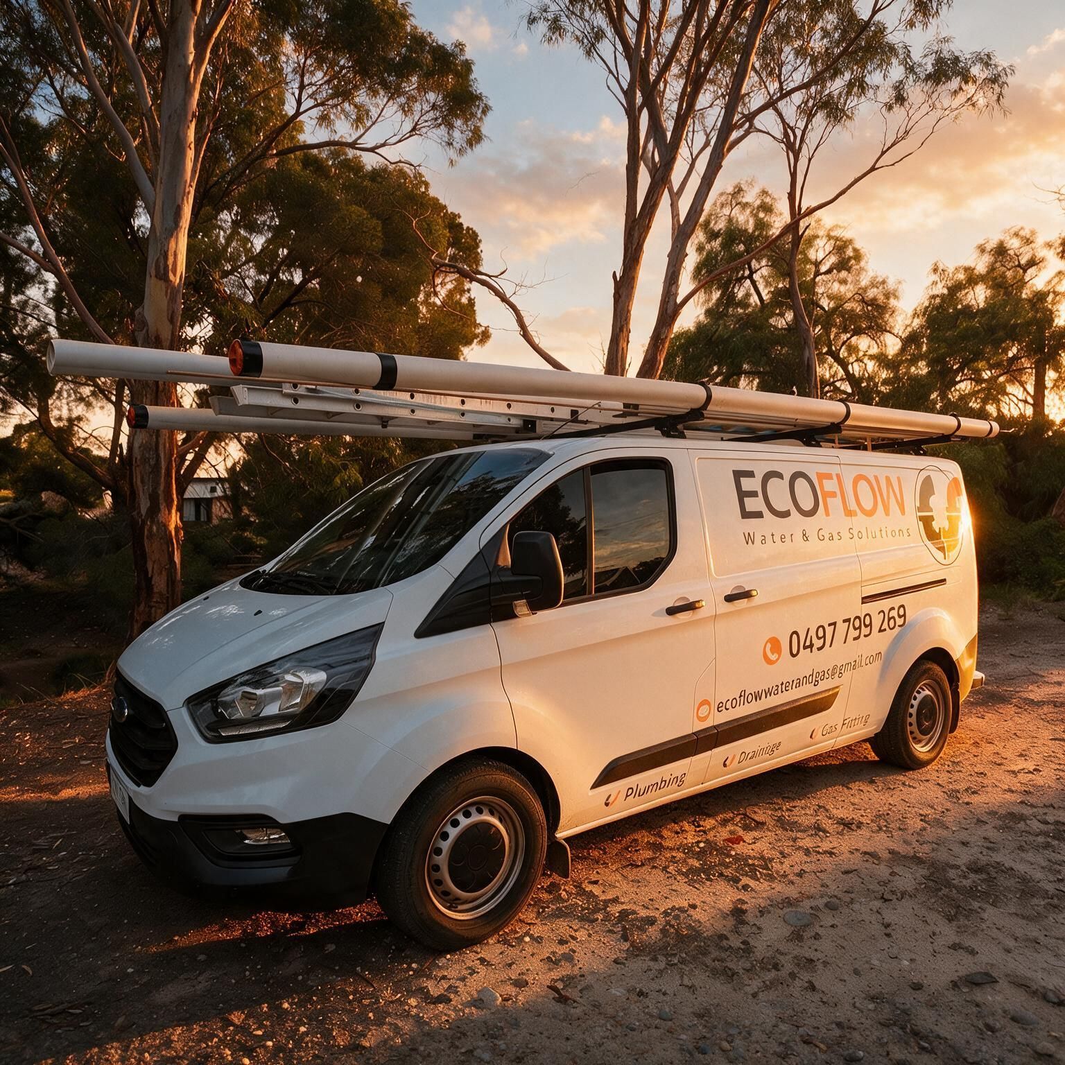 White Ecoflow service van parked on a dirt road at sunset, with trees in the background