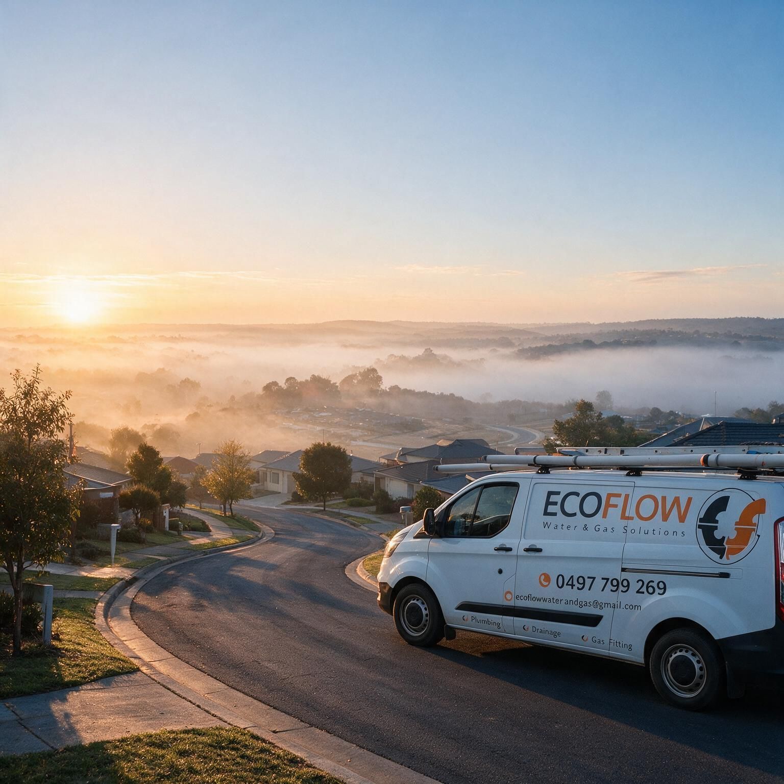EcoFlow van parked on a foggy hillside road at sunrise, with a coastal valley in the background