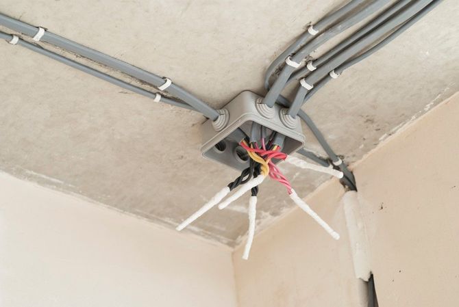 Exposed electrical junction box with red, black, and white wires on a ceiling corner
