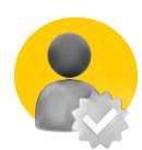 Silueta gris de una persona dentro de un círculo amarillo, con una insignia de verificación plateada.