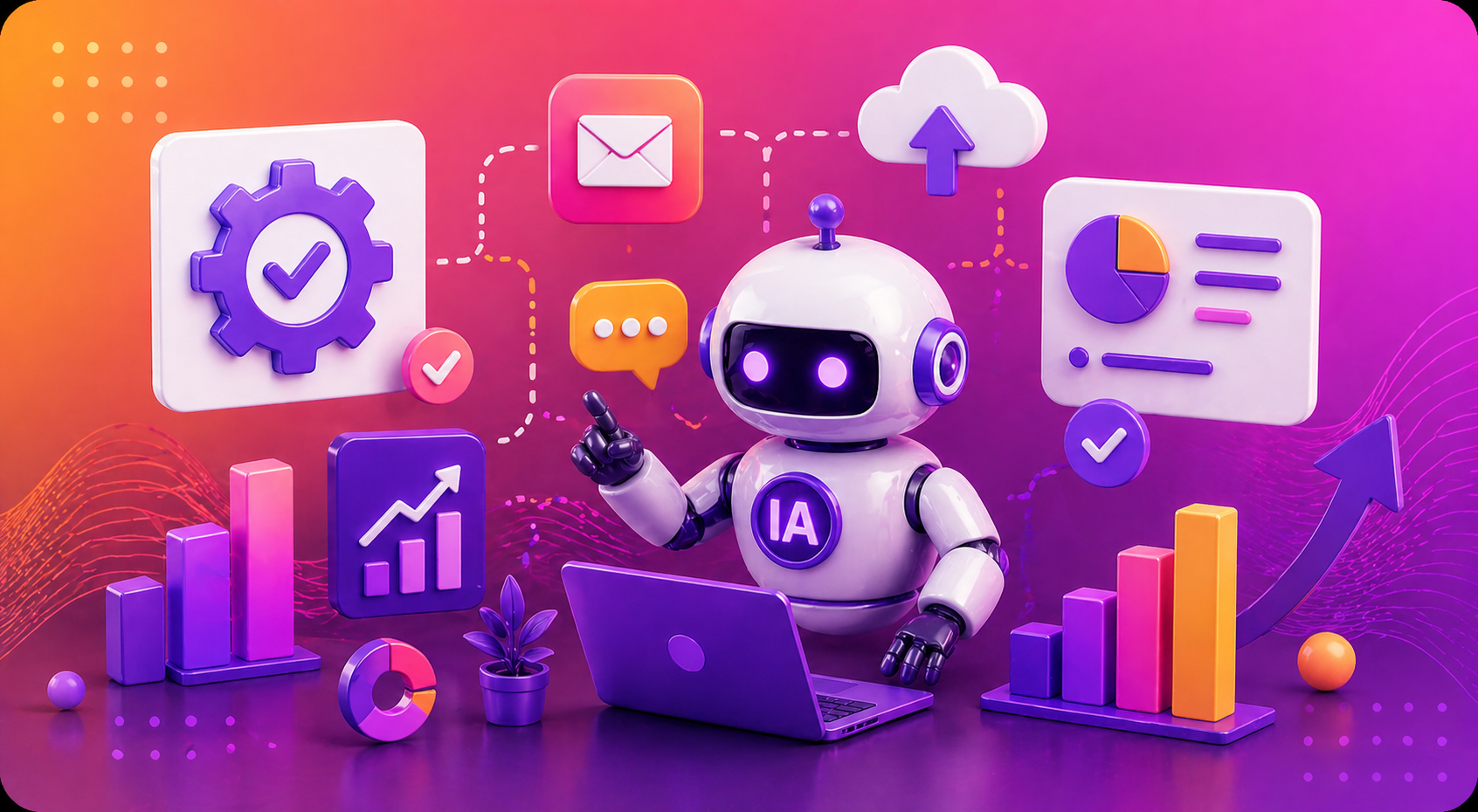 Robot de IA colorido con portátil, rodeado de gráficos analíticos, iconos de la nube | Blog Magum