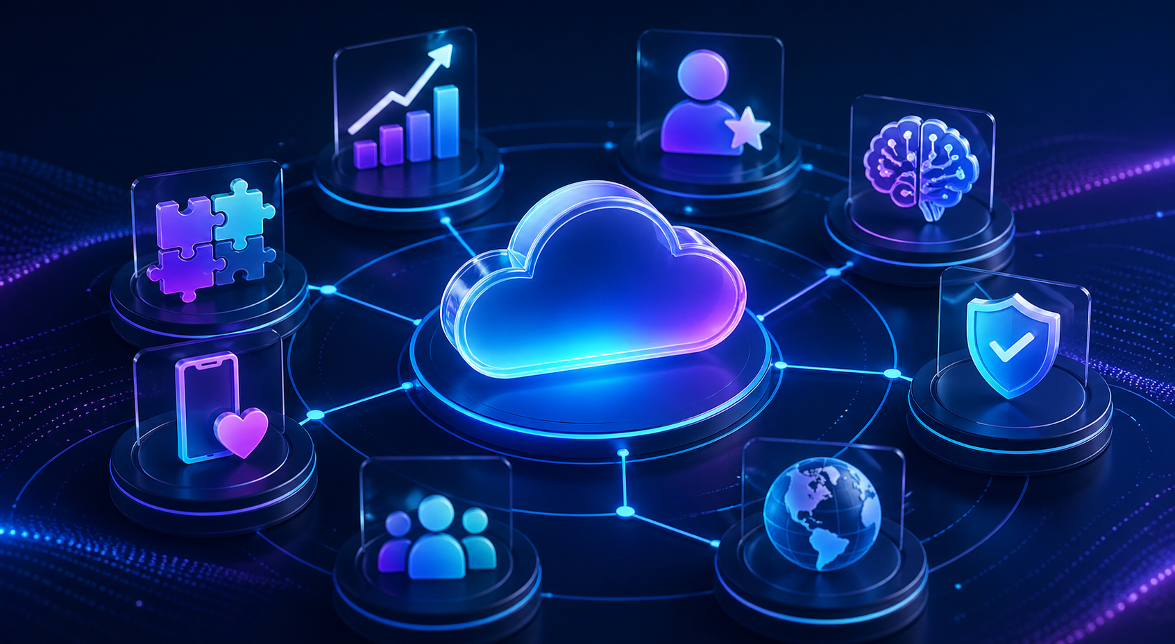 Red de nubes brillante con iconos de aplicaciones conectadas, análisis, usuarios, seguridad y símbolos
