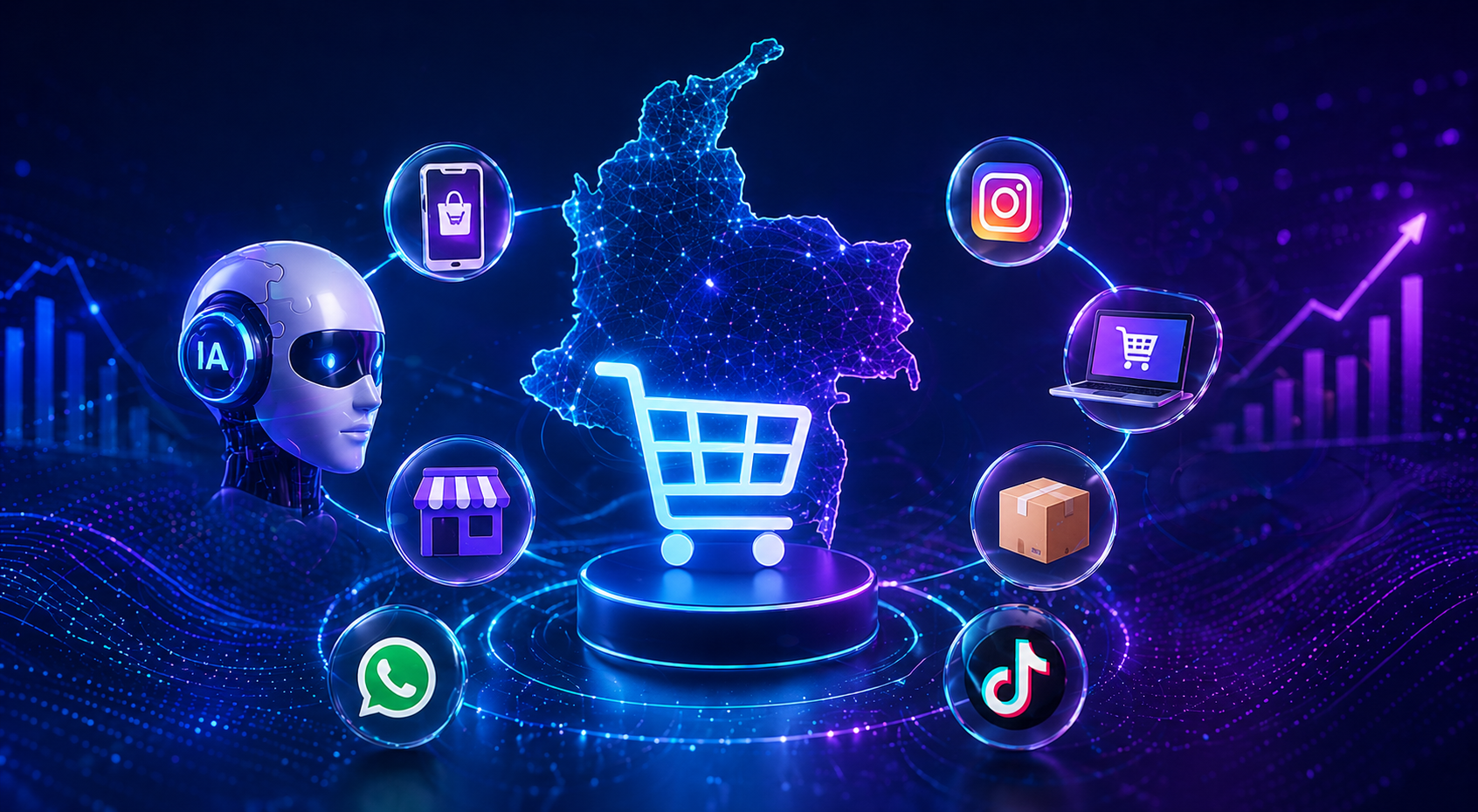 Carrito de compras brillante con iconos y gráficos digitales sobre un fondo tecnológico morado.