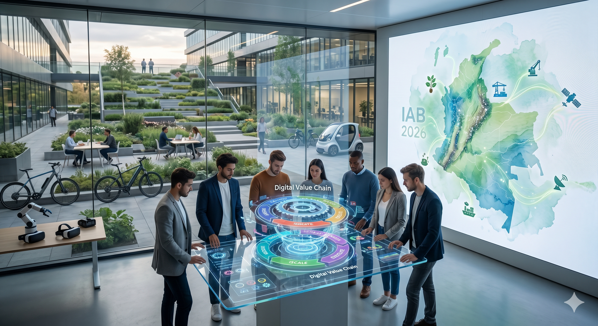 Varias personas se congregaron alrededor de una mesa holográfica brillante en un laboratorio moderno
