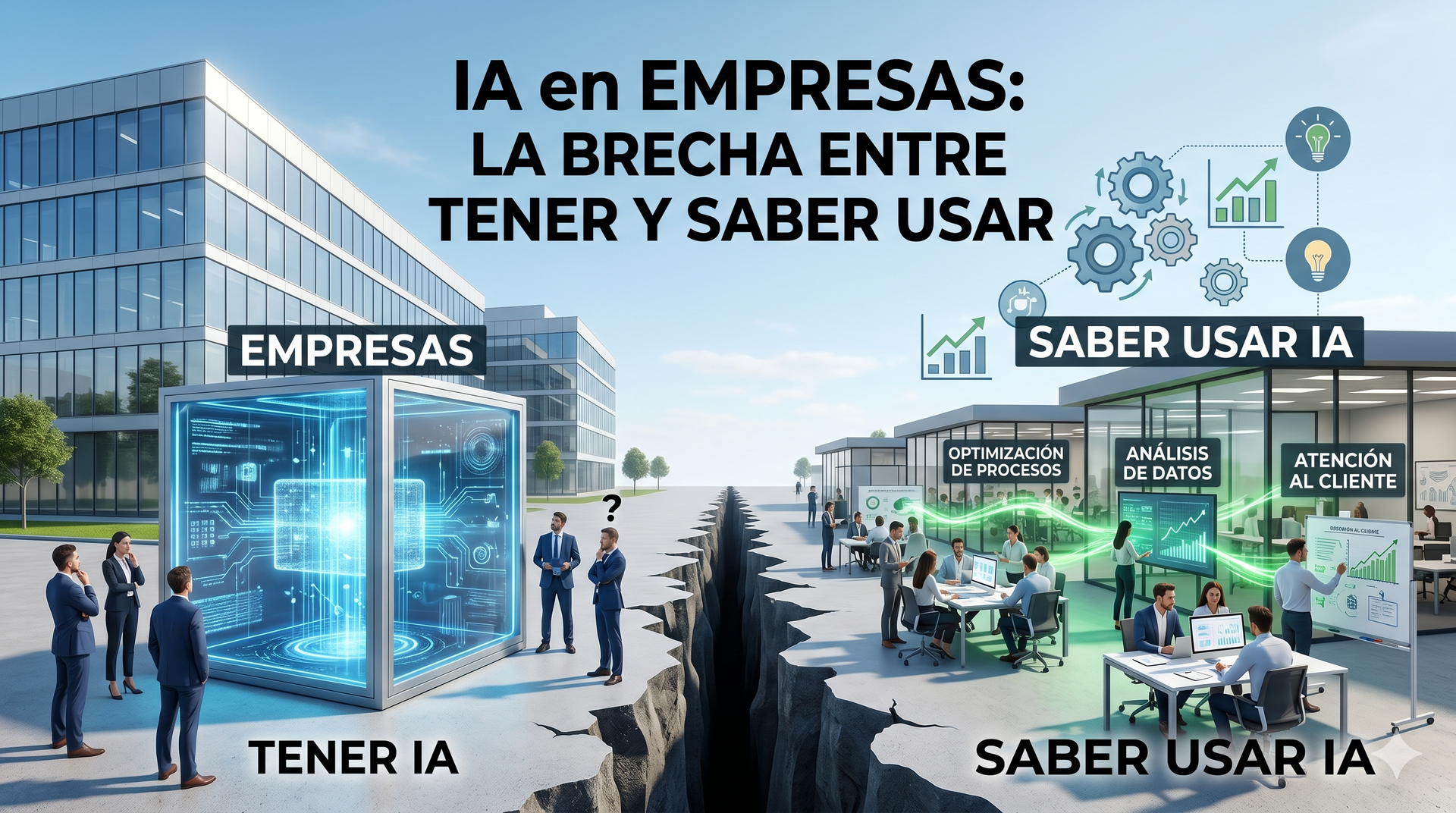 Infografía sobre IA en empresas, con edificios, personas y pantallas: “tener IA” y “saber usar IA”