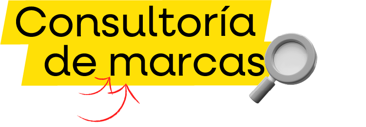 Logo de “Consultoría de marcas” en negro sobre franja amarilla con lupa gris y flechas rojas